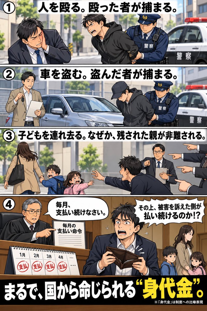 4g4njnby6q's tweet photo. 人を殴れば、殴った者が捕まる。
車を盗めば、盗んだ者が捕まる。

ところが、子どもを一方的に連れ去ると——
なぜか残された親が非難され、子どもにも会えず、毎月お金を払い続けるよう命じられる。

この国では、連れ去った者より、連れ去られた親が罰を受けるのだ。

国からテロリストに支払いを命じられる“身代金”だ。

こんな国、他にないだろ？