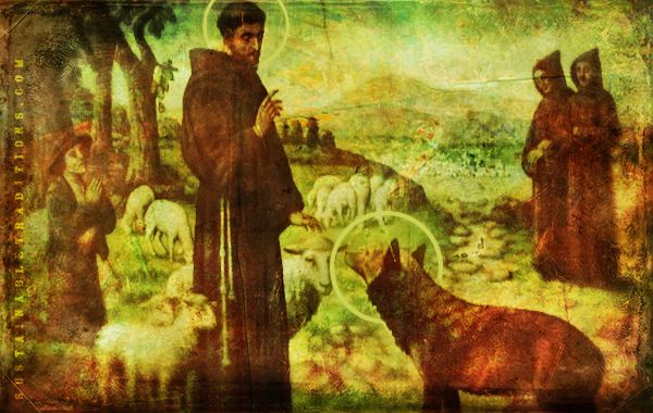 ChivalryGuild's tweet photo. 13th century Italian city terrorized by a wolf. Kills not just livestock but humans too. St Francis decides his help is needed. Goes to meet the wolf. Finds him, sees fangs, gets charged. "Come hither, Brother Wolf; I command thee, in the name of Christ, neither to harm me nor anybody else.” Wolf slows. Comes to Francis' feet. Lays down. Francis offers deal: wolf must vow never to eat man or livestock; in return the Gubians will feed him. Wolf nods. Francis asks the wolf to promise. Wolf places his paw in Francis' extended hand and they shake on it. Both enter the city and Francis informs the residents of the agreement. Wolf lives its final years in Gubio. Citizens feed him, grow to like him, and mourn his death when it comes. Church of St Francis of the Peace is built on the site where the wolf was buried. Many years later, in 1872, renovations are being made and the crews find a very old skeleton of a large wolf! 

Ora pro nobis, St Francis, friend to animals!