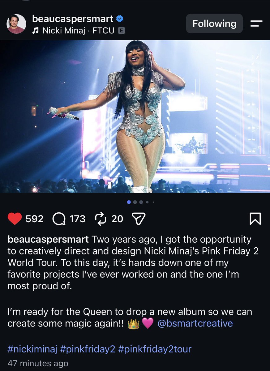 PoppPulse's tweet photo. Beau Casper Smart reflects on creatively directing and designing Nicki Minaj’s Pink Friday 2 World Tour, having previously choreographed The Pinkprint Movie and “Anaconda.” 

He calls the tour one of his proudest projects and says he’s ready for Nicki Minaj to drop a new album so they can create magic again!