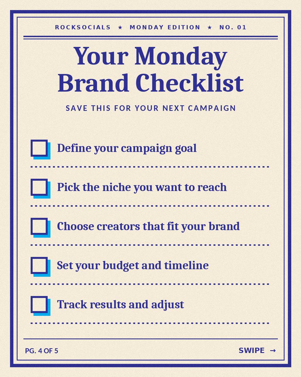 RockSocials's tweet photo. Start your week with real reach. 
Creators build trust with the audience you want. RockSocials helps you find them, run your campaign, track results and pay securely, all in one place.
Swipe for your Monday brand checklist and save it for later. https://t.co/14K7Zu9EqM