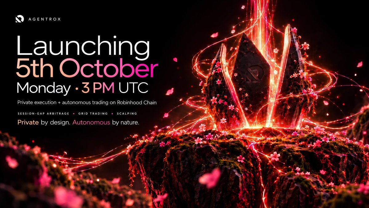 agentrox_'s tweet photo. AgentRox is Launching on 5th October Monday at 3PM UTC

Private execution for tokenized stocks and crypto, combined with autonomous trading agents with Session-Gap Arbitrage, Grid Trading, and Scalping operating 24/7 on Robinhood Chain.

Private by design. Autonomous by nature. https://t.co/RYIkQxK8J4