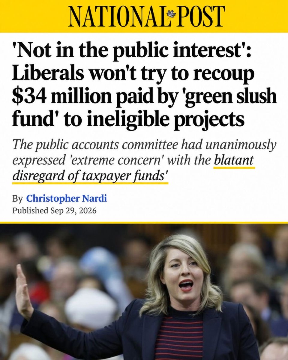 ShannonStubbsMP's tweet photo. $34 million in taxpayer money went to ineligible projects, and now the Carney Liberals say they won’t even try to get it back. At a time when Canadians count every dollar at the grocery store and the gas pump, they deserve better than this blatant disregard for the money they work so hard to earn.

The Auditor General also found nearly $76 million was tied to 90 funding decisions where conflict-of-interest rules were not followed. Later, the Parliament’s Public Accounts Committee unanimously called on the government to recover the money.

Two years later, the Liberals say pursuing recovery of $34 million would not be “in the public interest.” Conservatives will continue to fight for accountability for all Canadians, fight waste and misuse of taxpayer dollars, and make sure Canadians’ hard-earned money is treated with the respect it deserves.