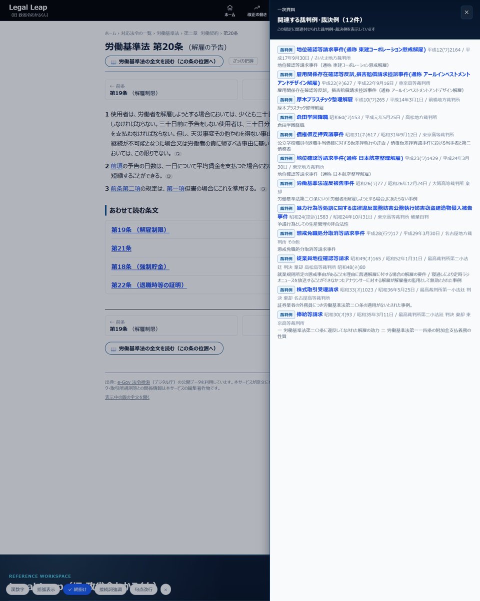 Laki_ideal_life's tweet photo. ある条文について「実際の裁判ではどう判断されてきたんだろう」と確かめたくなること、法務の仕事だとけっこうある

これまでは判例データベースに移って、条番号で絞り込んで…と地味に手間だった

Legal Leap（旧 政省令わかるくん）なら、条文のとなりに出る「裁+件数」を押すだけで、その条文に紐づく裁判例・裁決例がその場で開く
事件名や判断した機関、年月日まで一覧で並ぶので、気になる条文からそのままたどれる

試しに労働基準法20条（解雇の予告）で押してみてほしい

https://t.co/EXxzc3M83b