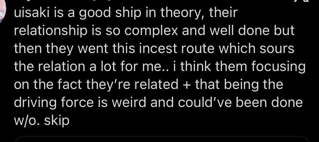 haemolysiz's tweet photo. I’m just confused on where people draw the line on toxic relationships - uisaki IS a toxic relationship uika is unhealthily codependent on saki her feelings aren’t romantic but yeah the incest part is the dealbreaker. Why do you want them to be romantic so badly https://t.co/hZo6OGUCOO