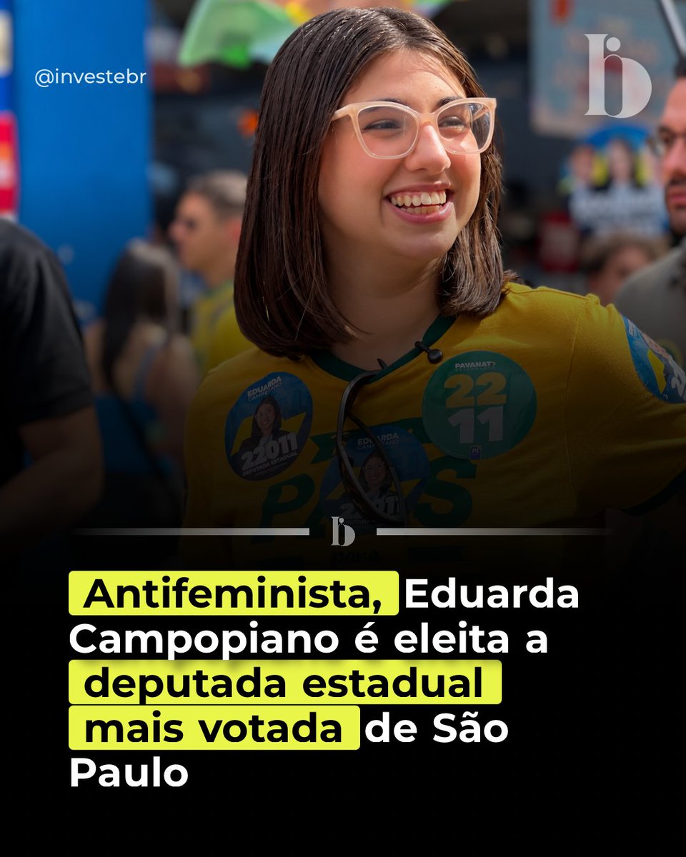 investebr's tweet photo. 🗳️ Eduarda Campopiano (PL) é eleita deputada estadual mais votada em SP. Aos 23 anos, ela obteve votação histórica na Alesp, impulsionada por sua popularidade e postura antifeminista. https://t.co/tSLtMhgFFm