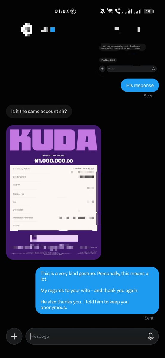 UnkleAyo's tweet photo. Someone decided to pay new devices for him &amp; sent 1M naira. 

The young man now has 2.5M naira. 8 hours ago, he had 173 naira. 

Thank you to everyone for your kindness. 🙏 https://t.co/DYfx5MqJX3