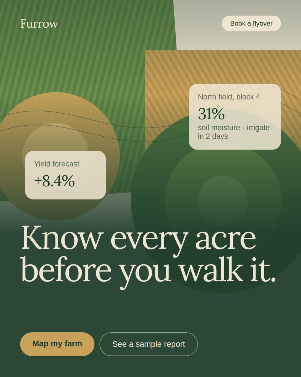 Joshdestiny4's tweet photo. Farmers don't trust slick tech. They trust what they can see.
Earthy color, real imagery, and numbers that read at a glance. Your AgriTech site should look like it knows the land.
DM "FARM" to talk about your header.
#agritech #saasdesign #uidesign #webdesign #figma https://t.co/RC3MtdA36K