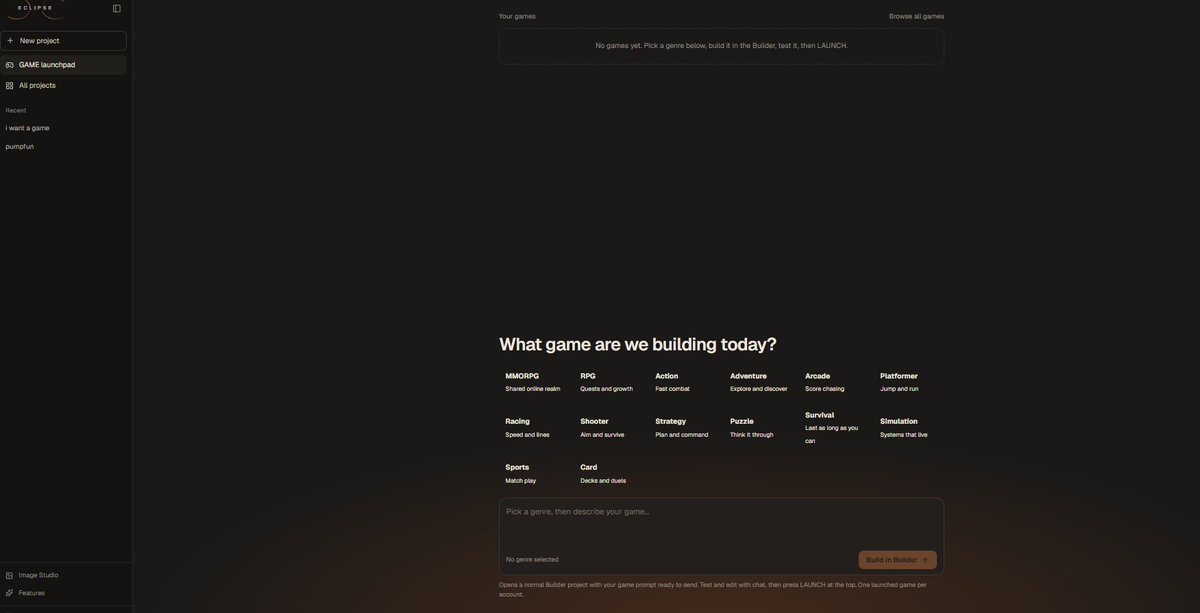 eclyonlabs8's tweet photo. Build with ECLIPSE Studio. Edit your game until it feels exactly the way you want.

Then launch the game’s token through @pumpfun and connect it directly to the experience.

PvP or PvE — you decide.

ECLIPSE can use verified gameplay data to distribute token rewards based on how players actually perform — wins, missions, rankings, progression, achievements, or any reward system you create.

So the token isn’t just launched next to the game.

It becomes part of the game economy.

Build the game.
Launch on pumpfun.
Connect the token.
Set the rules.
Reward real players.
Your game. Your token. Your economy. Powered by ECLIPSE.