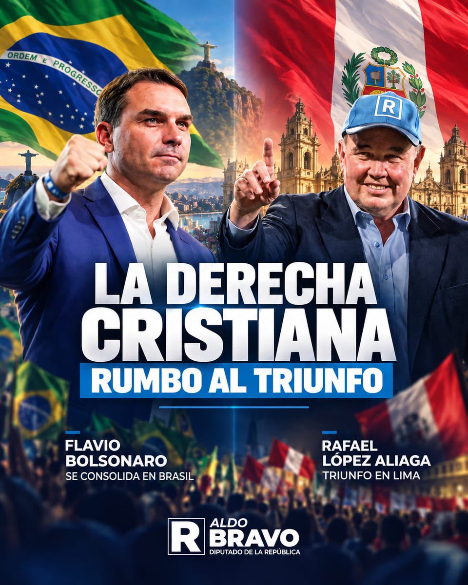 abravoq's tweet photo. 🇧🇷🇵🇪 La derecha cristiana se reafirma con fuerza en la región. En Brasil, Flávio Bolsonaro se consolida como líder en primera vuelta presidencial; mientras que, en Perú, Rafael López Aliaga triunfa en los comicios municipales de Lima.

¡Son nuevos vientos para un continente defensor de la libertad, la Patria, la vida y la familia! 🙌🏼