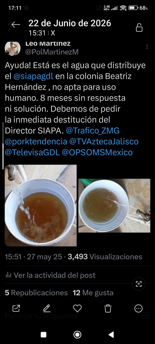 PolMartinezM's tweet photo. Ayuda! Está es el agua que distribuye el @siapagdl en la colonia Beatriz
Hernández, no apta para uso
humano. 1 año sin respuesta
ni solución. Debemos de pedir
la inmediata destitución del
DIRECTOR DE SIAPA.@Trafico_ZMG
@GobiernoMX @TVAztecaJalisco
@TelevisaGDL @OPSOMSMexico https://t.co/lR8cVA5G5A