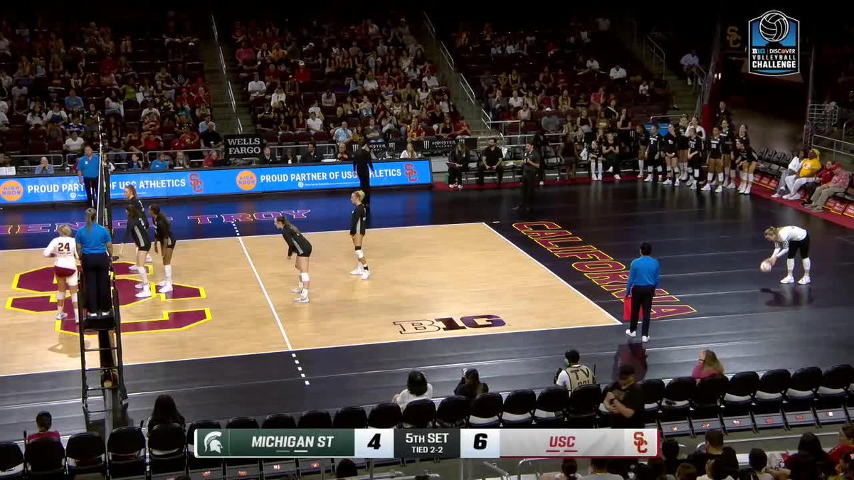 A wide shot of a collegiate women's volleyball match between Michigan State (wearing white) and USC (wearing black) during the 5th set, with the scoreboard showing USC leading 6-4.