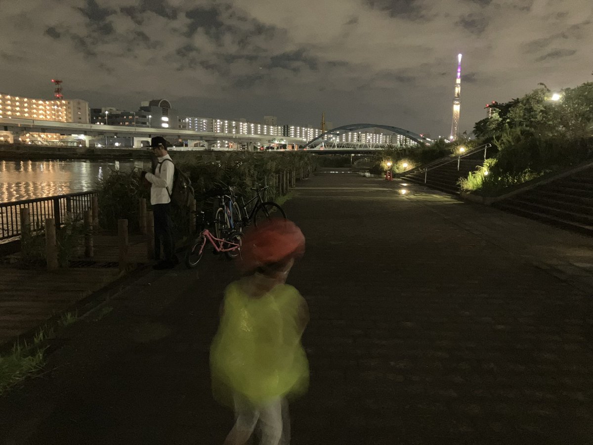 poshi525's tweet photo. 昨日はパパが夕方帰ってきたから思いつきで釣りについて行き、夜の公園を満喫した🛝サイクリングコースはスカイツリーが見えて綺麗だった！冒険みたいでご満悦。 https://t.co/53O1LHdNKS