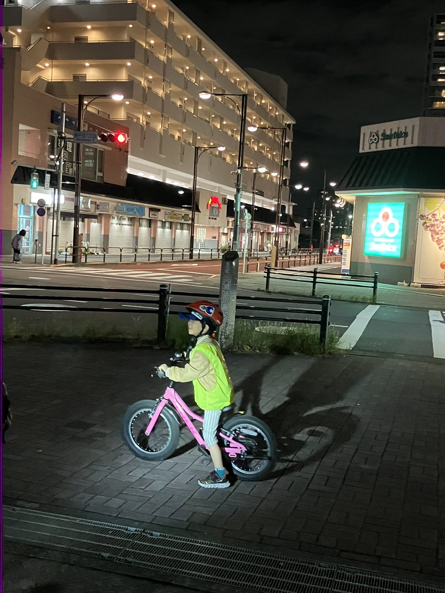 poshi525's tweet photo. 昨日はパパが夕方帰ってきたから思いつきで釣りについて行き、夜の公園を満喫した🛝サイクリングコースはスカイツリーが見えて綺麗だった！冒険みたいでご満悦。 https://t.co/53O1LHdNKS