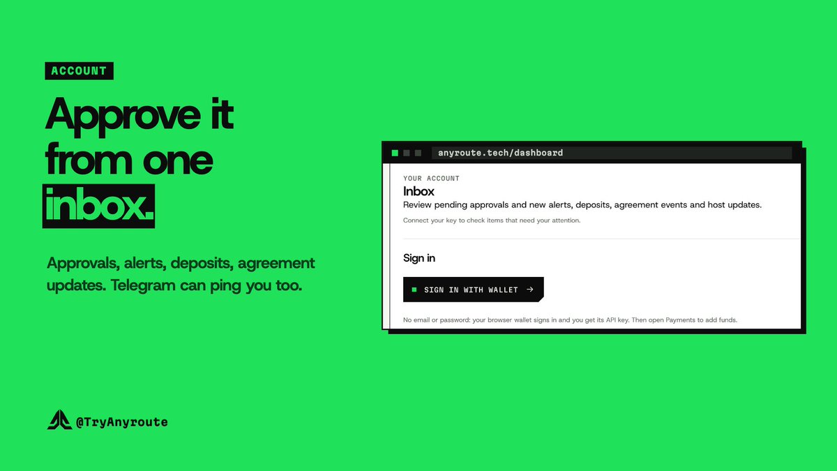 TryAnyroute's tweet photo. If your agent needs approval before spending, the request waits in your Inbox with Approve and Deny buttons ready.

Alerts, deposits, and agreement updates appear there too, and Telegram can notify you when something needs your attention.

https://t.co/xd2Ap14G7O https://t.co/ZD45VkkVSz