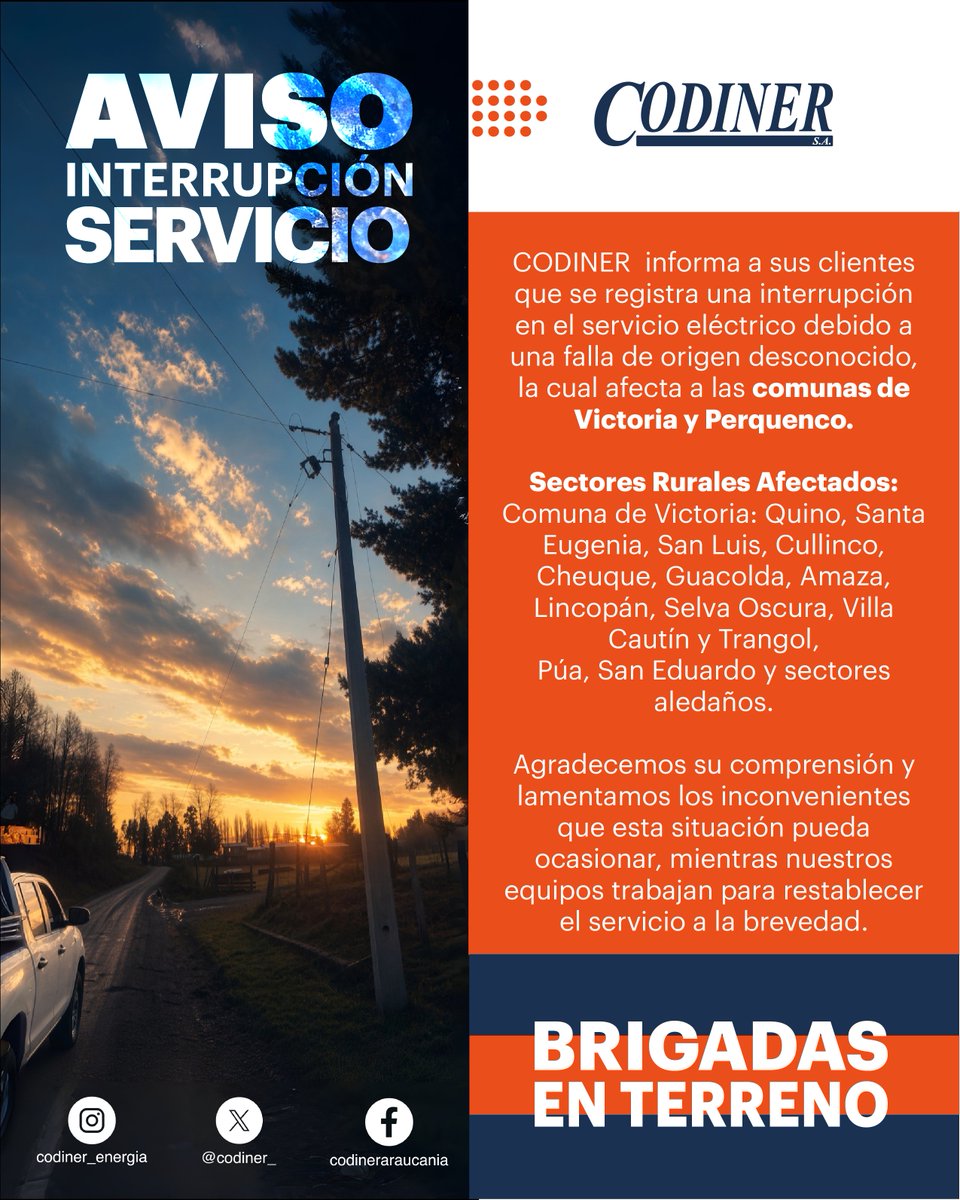 Codiner_'s tweet photo. ⚡ AVISO IMPORTANTE: CORTE DE SUMINISTRO ELÉCTRICO ⚡
Informamos a nuestros clientes de las comunas de Victoria y Perquenco que se registra una interrupción en el servicio eléctrico por una falla de origen desconocido. https://t.co/67XKlyYIns