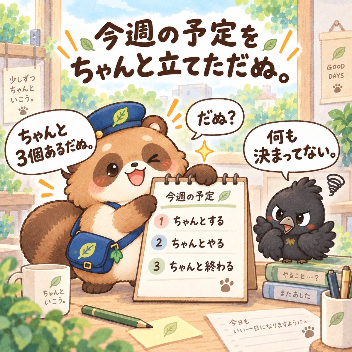 chantodanu's tweet photo. 今週の予定をちゃんと立てただぬ。

「ちゃんとする」
「ちゃんとやる」
「ちゃんと終わる」

くろすけ
「何も決まってない。」

だぬ？

ちゃんと3個あるだぬ。

#ちゃんとだぬ https://t.co/qa4poNaYpQ