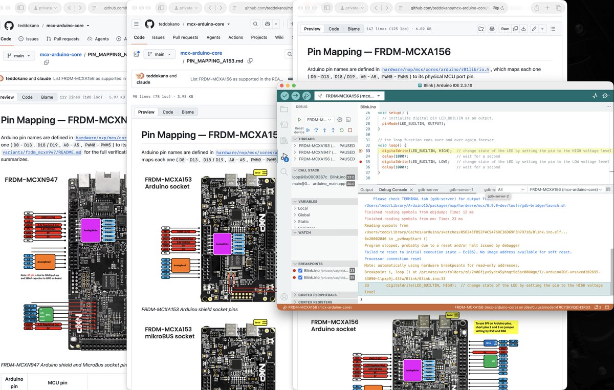 tedd_okano's tweet photo. ☀️NXPのマイコン基板:FRDM-MCXをArduino IDE/SDKで使えるようにするやつ，あります！☀️
A153，A156，N947の3種類に対応

試してみて「いごいた！」とか「〇〇がダメ〜」などのコメント募集中です〜

使い方は..
🇯🇵日本語版→ https://t.co/GxTnvdn1pZ

#Arduino #NXP #FRDM #MCX #McxArduinoCore https://t.co/ooQ4JsNmqG
