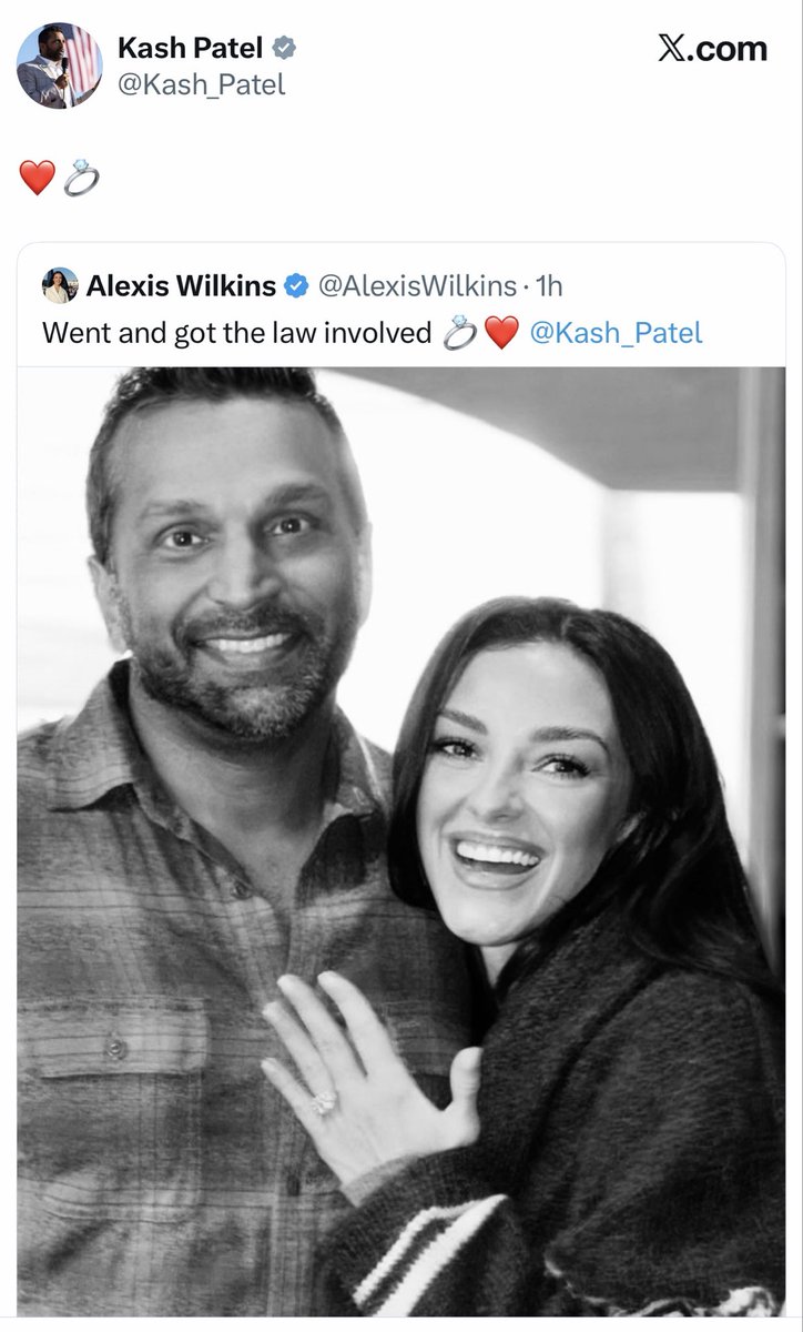 patriottakes's tweet photo. Kash Patel announces he has married Alexis Wilkins. https://t.co/SnUZteXYx1
