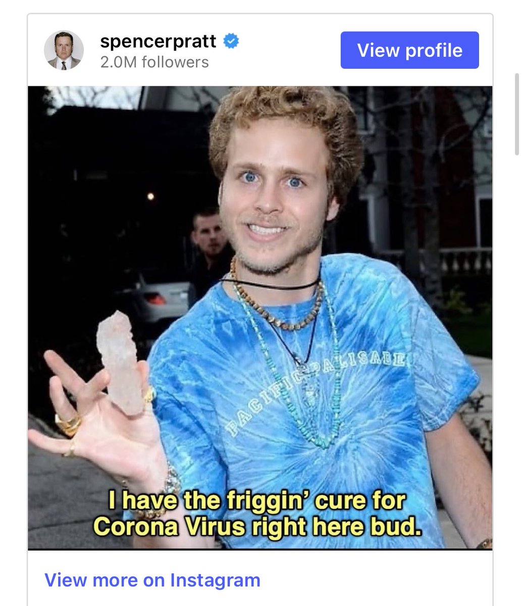 TxPig5094's tweet photo. @spencerpratt Speaking of bat shit crazy…. Weren’t you the one hawking crystals as a cure for COVID? https://t.co/chYTgTsXlP