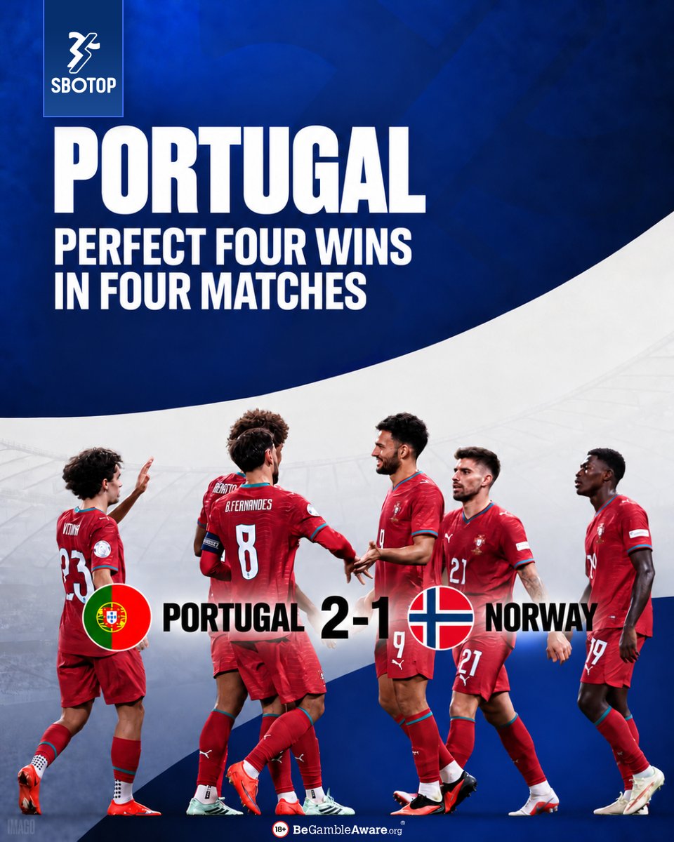 sbotopofcl's tweet photo. Four for four!
Portugal stay flawless this international break, coming from behind to beat Norway 2-1 in the #NationsLeague thanks to Goncalo Ramos' decisive winner!
#PORNOR https://t.co/lKpYtNQkbz