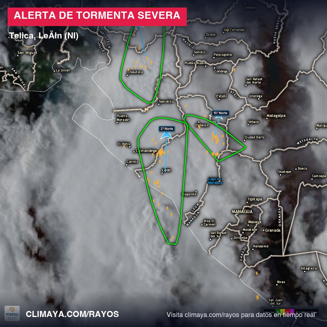 climaya's tweet photo. La actividad eléctrica arreció sobre Telica, en León (Nicaragua): el sistema suma 224 rayos con una densidad de 32.0 rayos por km², señal de tormenta severa. Si estás en la zona, resguárdate bajo techo y aléjate de árboles y tendidos eléctricos. #climaNI https://t.co/LW6Uw51igt