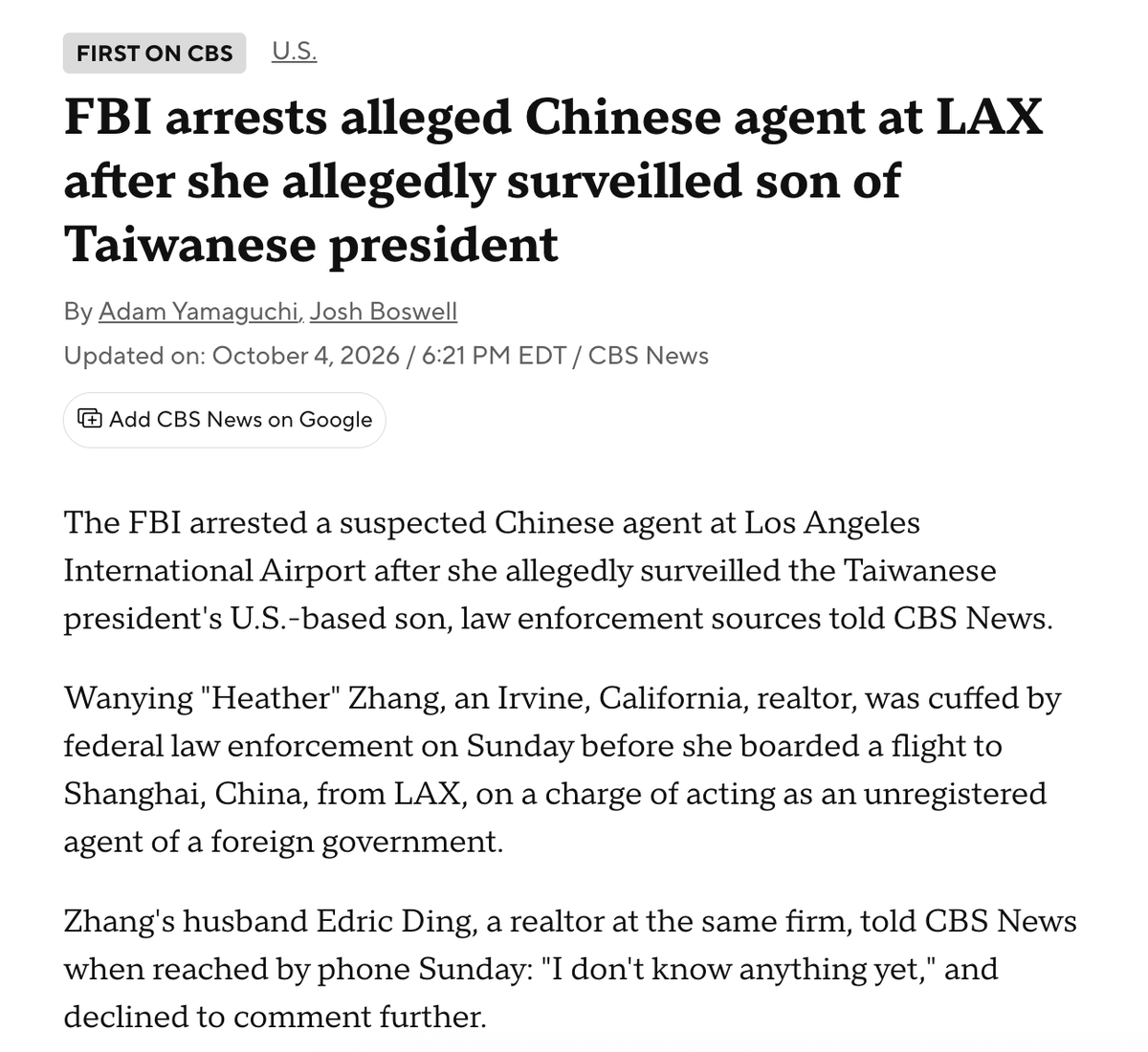 World_Crossroad's tweet photo. 中共監控賴清德之子，圖謀不軌？FBI剛剛在洛杉磯機場逮捕一名華人女子張萬英（音譯），張女準備搭機前往上海，被FBI攔下逮捕，FBI目前提出的起訴理由是，張女涉嫌在2025年九月，與一名同夥前往西雅圖郊區，拍攝中華民國總統賴清德兒子賴廷與的住處。

FBI起訴書說，「倘若中華人民共和國（PRC）希望在任何潛在衝突中對台灣總統取得制衡優勢，台灣政府高階官員近親的所在地及照片——包括其住宅與車輛的照片——對中華人民共和國而言可能頗具價值。」