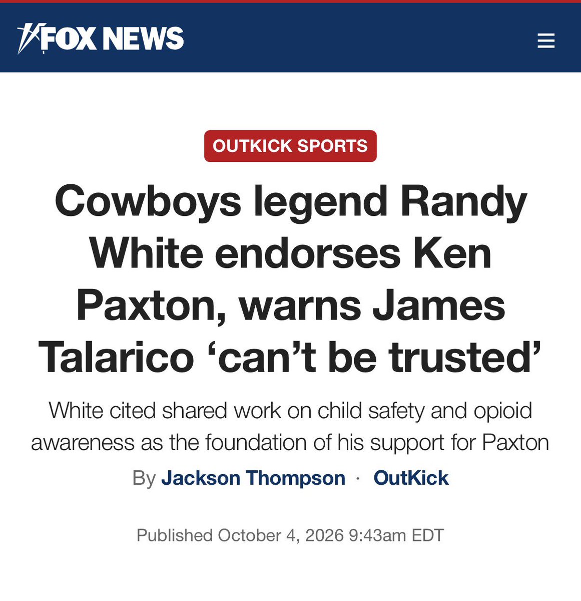KenPaxtonTX's tweet photo. Randy White is legend on and off the field.

This election is too important for anyone to stay on the sidelines. https://t.co/SppswuK8bp