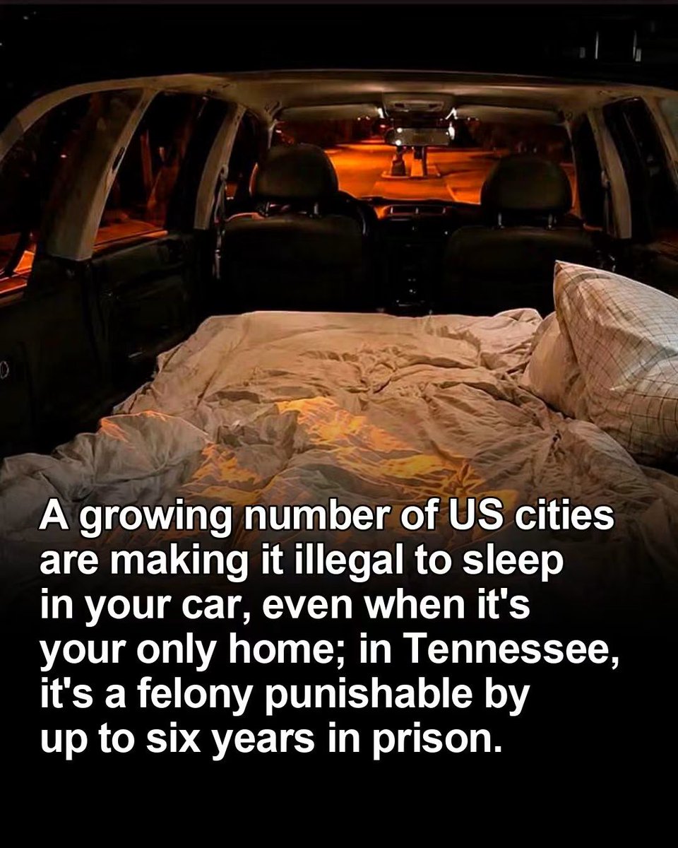 fascinatingonX's tweet photo. In Tennessee, sleeping in your own car can land you in prison for six years.

Not a fine. Not a warning. A felony.

Cities across the US keep passing ordinances that ban sleeping in vehicles, and the people getting caught are the ones with nowhere else to go. You lose the apartment, you keep the car, and the car becomes the last thing standing between you and the sidewalk. Then the law shows up and makes that a crime too.

The logic folds in on itself. Punish someone for being homeless by handing them a record that makes housing and work even harder to get.

A blanket in a back seat. Six years.