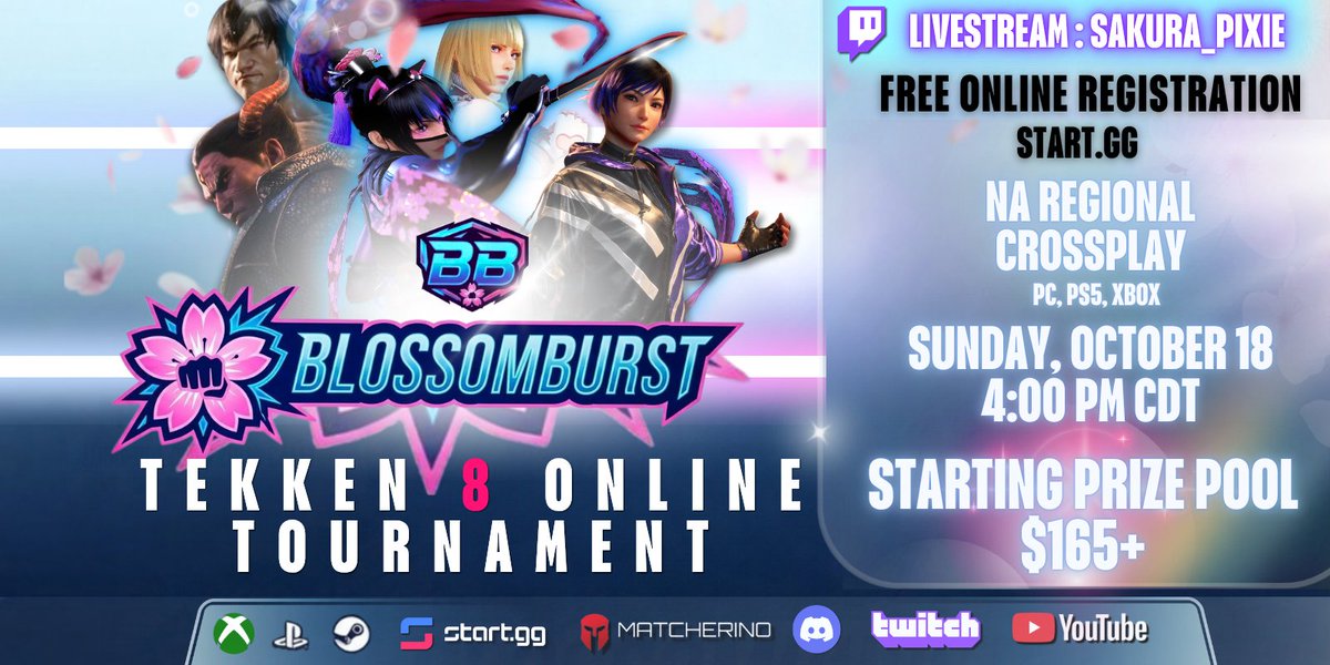 sakura_pixie's tweet photo. TEKKEN Enjoyers Assemble! 
As requested by the community, I'll be hosting my very first TEKKEN 8 Blossomburst Tournament very soon!

 We are taking our usual Sunday viewer matches to the next level with our first official bracket tournament! 

More basic info below! 
#tekken8 https://t.co/zgxPoOaCng
