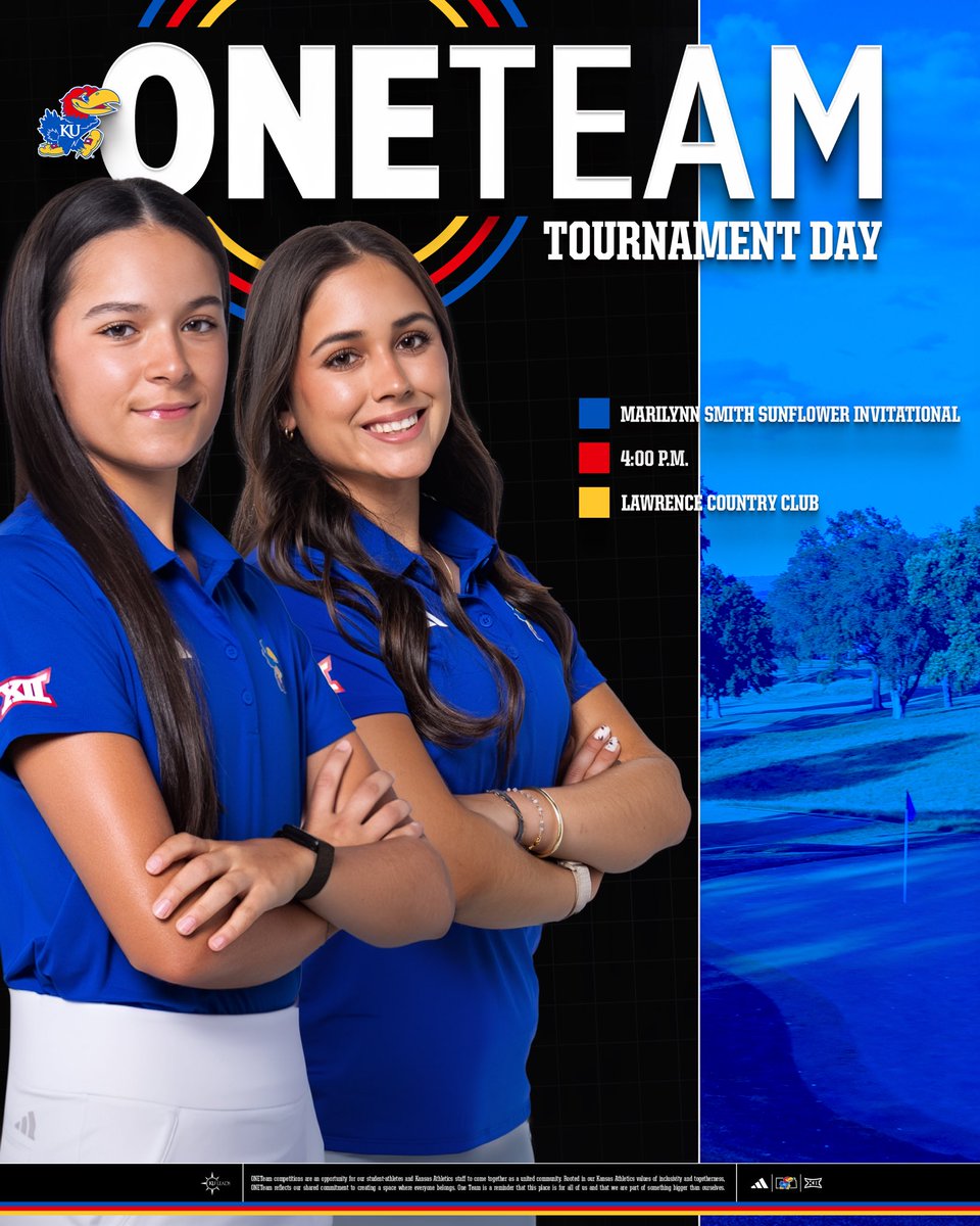 KU_LEADS's tweet photo. ONE Team is hitting the course tomorrow! ⛳️
@kuwomensgolf hosts the Marilynn Smith Sunflower Invitational Monday and Tuesday at Lawrence Country Club.
Join ONE Team tomorrow at 4:00 PM to support our Jayhawks and bring the ONE Team energy ❤️💙
#ONETeam #RockChalk #KULeads https://t.co/2NAiqEhxLr