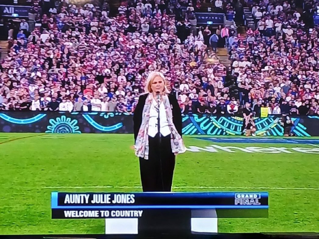 DaveDavos2's tweet photo. Aunty Julie Jones is a white, blond, blue eyed socialite who gets privileges &amp; paid handsomely to be an Aboriginal. 
She got $10,000 at the NRL GF to welcome you to your own country. 
Is this all just a farce full of woke BS? 
@dinlare @PatsKarvelas @sunflamestheice @dodona777 https://t.co/ebWZiZvPVv