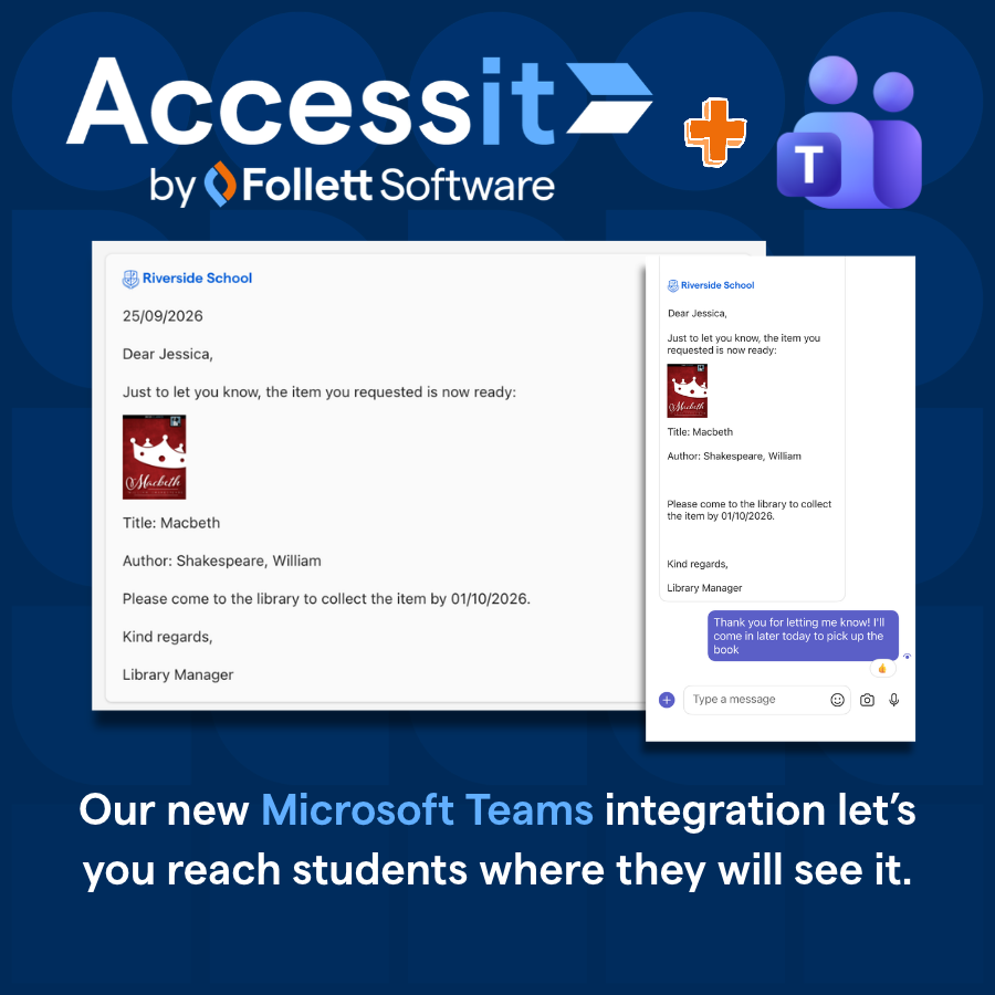 AccessitLib's tweet photo. Does your school use Microsoft Teams? 🤔
 
With our new Microsoft Teams integration, library notices can now reach students and teachers directly in Teams, where they’re already working ✉️✨

If your school uses Microsoft Teams, reach out to learn more. https://t.co/yquROqMhDp