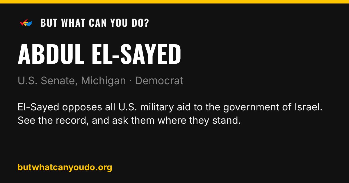 bwcyd_org's tweet photo. #AIPAC's super PAC spent $20.1M against him in Michigan's Senate primary. He won anyway.

Abdul El-Sayed (D) opposes all U.S. military aid to the government of Israel. In his words:

"I think unconditional foreign military aid should be illegal."

#ArmsEmbargo https://t.co/zTnZTll8IO