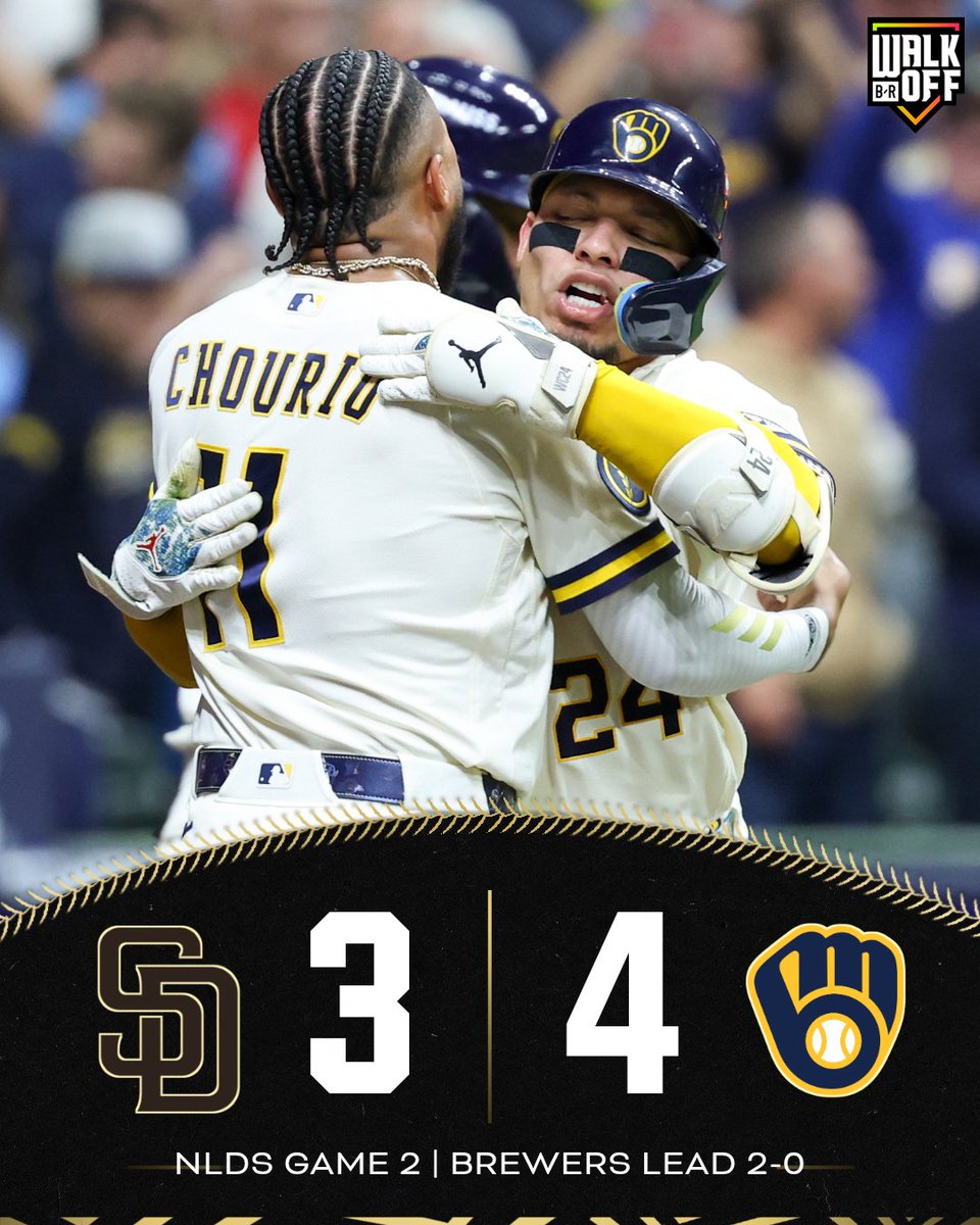 BRWalkoff's tweet photo. BREWERS JUMP AHEAD 2-0 IN THE NLDS AFTER JACKSON CHOURIO WALKS IT OFF 🍻 https://t.co/cPHKUAUYeG