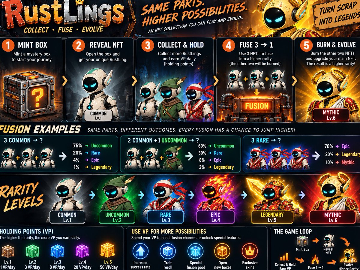 RustLings_Nft's tweet photo. The RustLings loop. ⚙️
Mint → Reveal → Collect → Fuse → Evolve.
3 RustLings. 1 evolution.
How far can yours go?🤔🥳
This is only the beginning. https://t.co/k2jN9k69B0