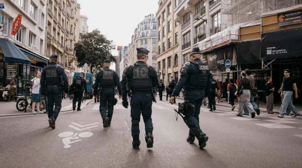 Four French police officers in tactical gear with "11*" visible on their vests patrol down a Parisian street with shops and pedestrians. The image relates to the post by showing law enforcement response amid civil unrest in France.