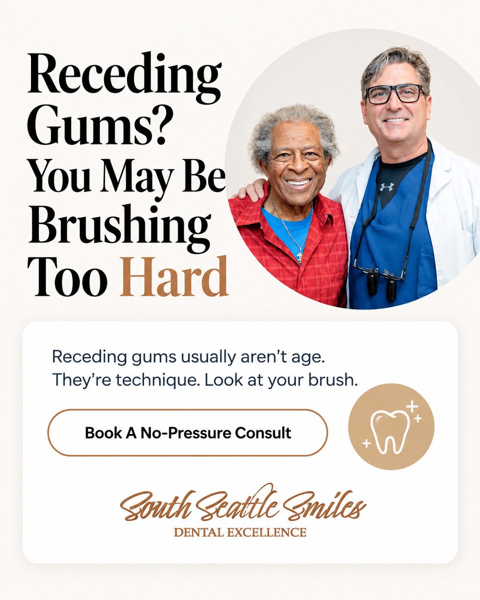 SSeattleSmiles's tweet photo. Receding gums usually aren't age - they're technique.

Scrubbing harder wears them back. A soft brush and a light touch do the real work.

Book a no-pressure consult in Tukwila.

South Seattle Smiles https://t.co/nPhoFiRmFI