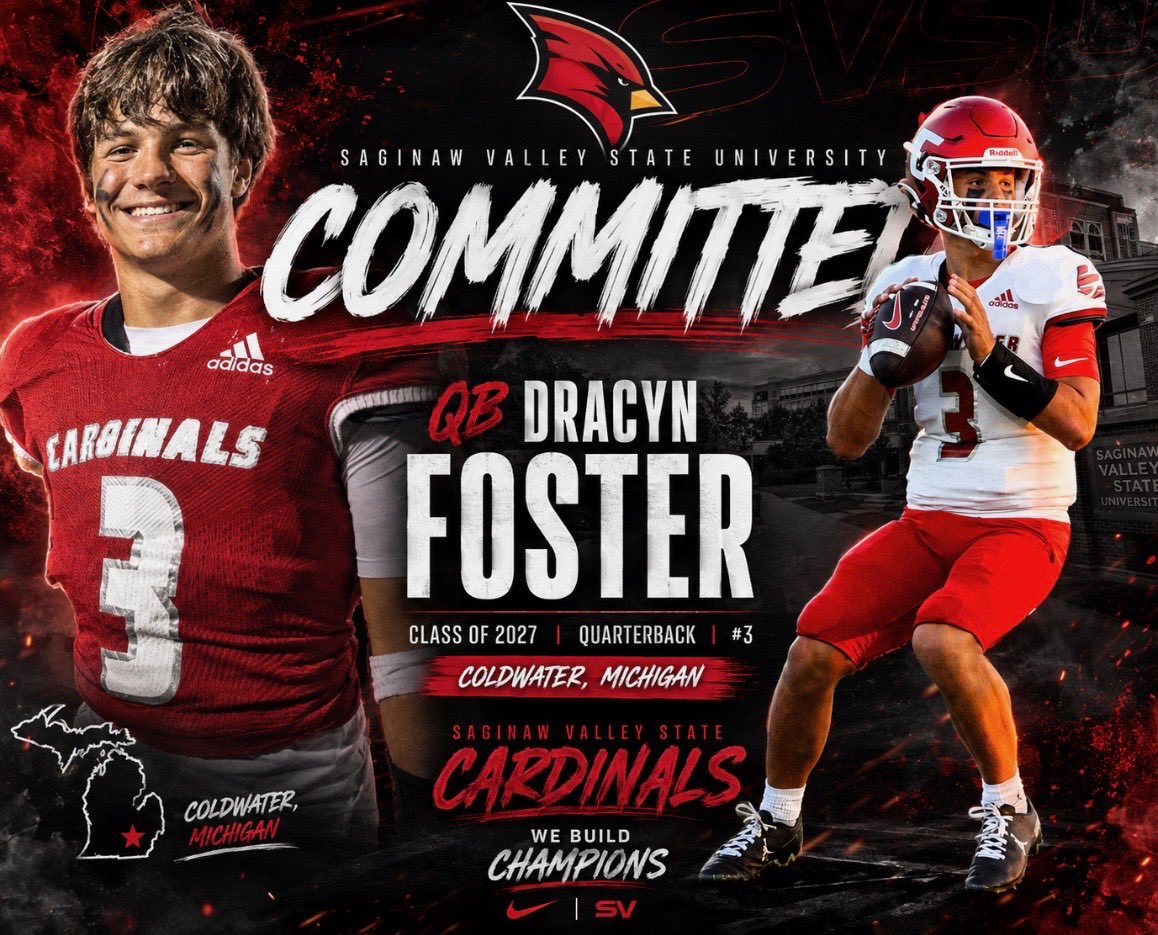 QB3dray's tweet photo. After a great visit and conversation with Coach Engle and my family, I am happy and blessed to announce my commitment to Saginaw Valley State University! Thank you to all the coaches that have made this process possible and given me the time and effort to know me. Excited to start a great new chapter but remain a Cardinal. Thank you to my parents that have dedicated countless hours and hard work to get me the opportunities I deserve. You guys have held me down during all of this and gave me this great ability to earn this opportunity. 

Once a Cardinal, always a Cardinal. 

@ColdwaterHSFBMI @TheD_Zone @QBHitList @TractionAp @MichFBFrenzy @Dre_Muhammad @A1DUDES @WestSideQBs @PrepRedzoneMI @Bryan_Ault @PreWarWesley @jalen_vandy8 @CoachTY_ @Solo_Smith2 @FBCoachEngle @_CoachHoov @CoachGus90