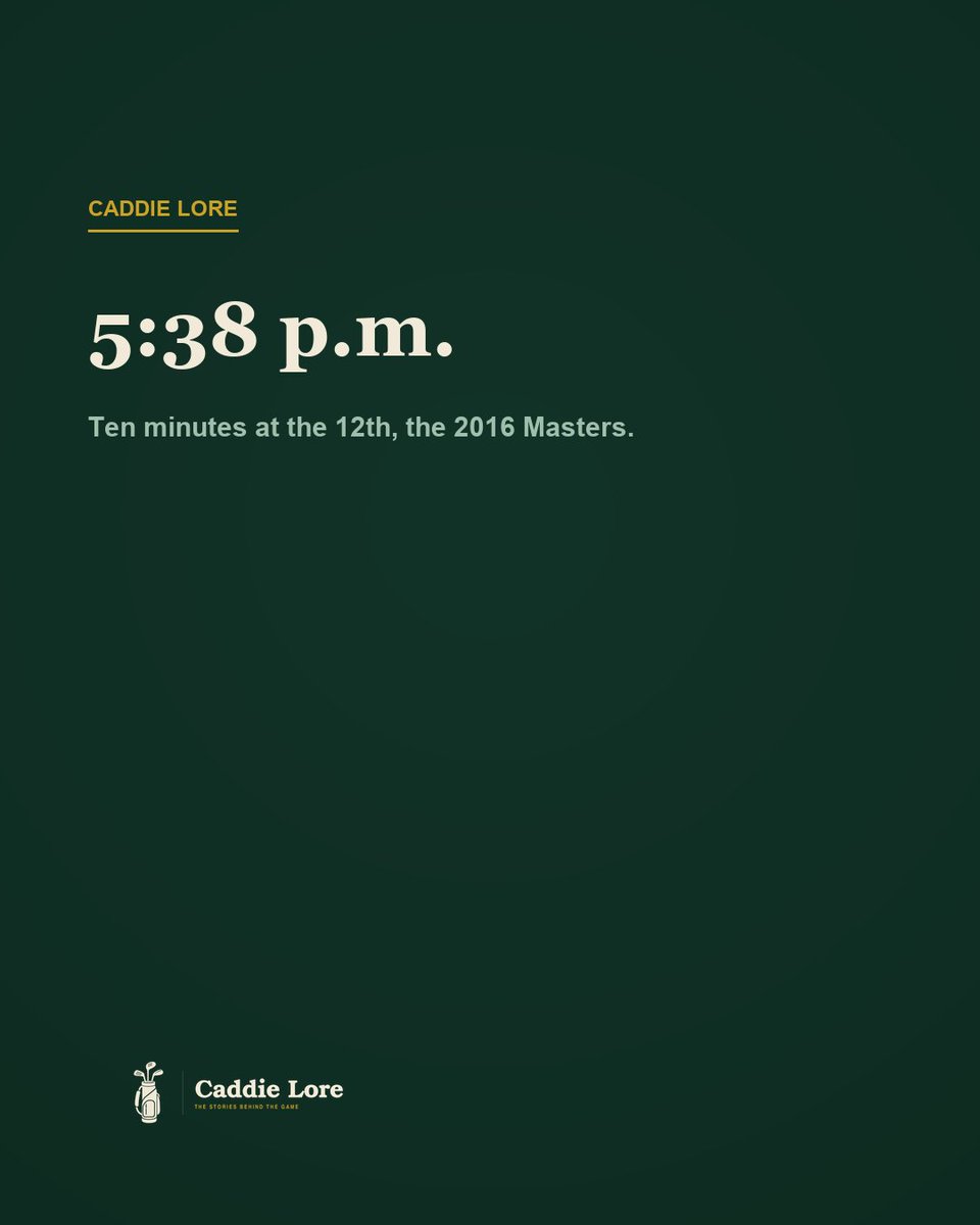 caddielore's tweet photo. Jordan Spieth turned five clear on Sunday at the 2016 Masters. By the 12th tee he led by one. At 5:38 p.m. his 9-iron hopped twice on the bank and trickled into Rae's Creek. At 5:48, a 7. Walking to 13, he told his caddie it seemed like they were collapsing. https://t.co/bN9SkhHusM