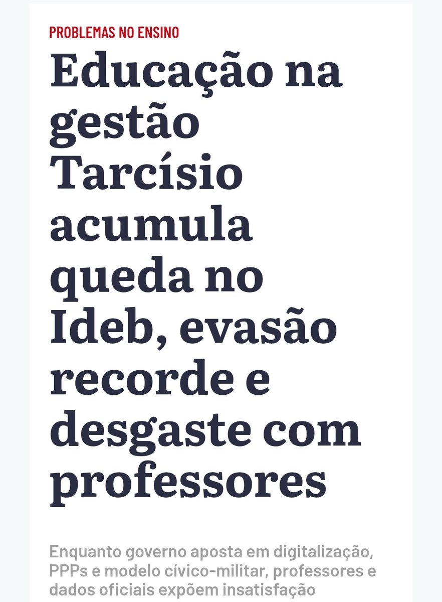 l1asccp's tweet photo. @V28243177 @onlyboxd 100 escolas foram destinadas ao modelo cívico-militar em 2025; 33 escolas estaduais chegaram a ser colocadas em leilões para gestão privada. o ensino médio da rede estadual teve Ideb 4,3 em 2025 ainda um resultado baixo, apesar de ter subido de 4,2 em 2023. https://t.co/tIbNz8izde
