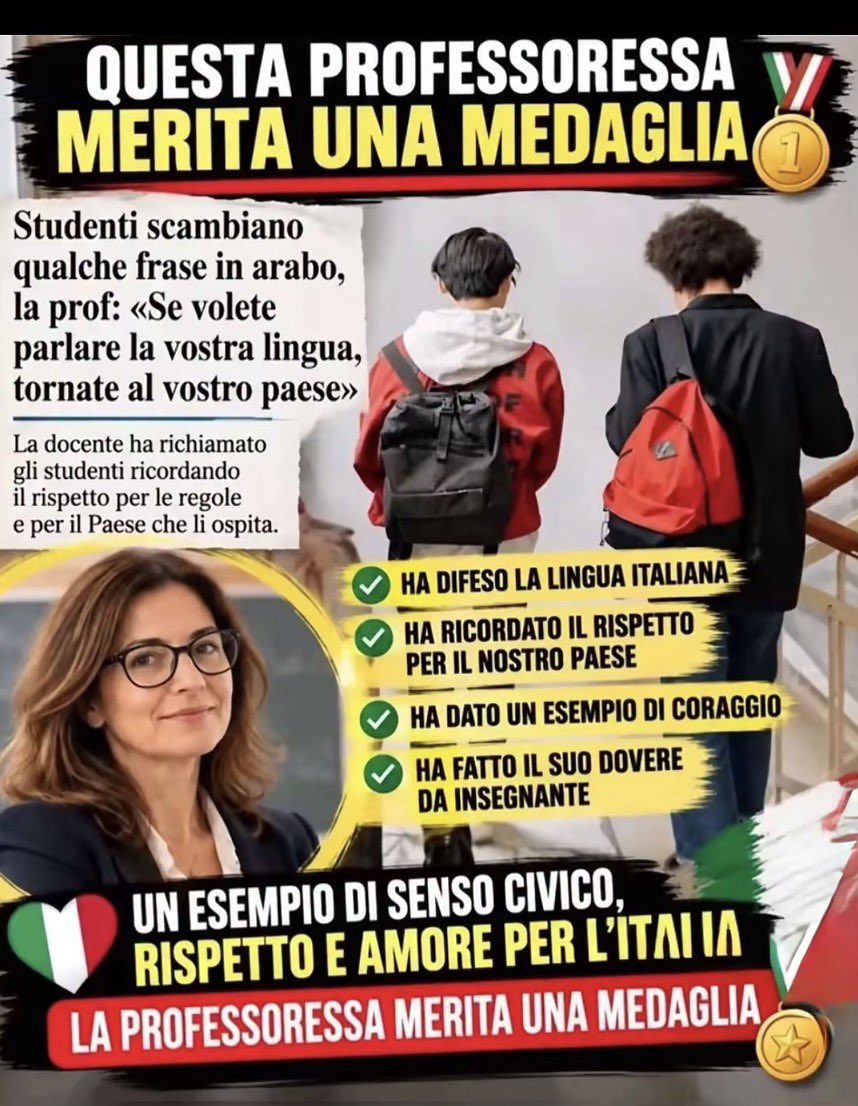avila92796's tweet photo. Sono sicuro che prima che la professoressa riceva la sua meritata medaglia, ci saranno delle bellissime manifestazioni in suo onore, dove in massa  chiederanno anche il suo licenziamento.
Nelle scuole italiane sono sicuro che l'arabo diventerà la lingua madre. https://t.co/10Ic57IS5j