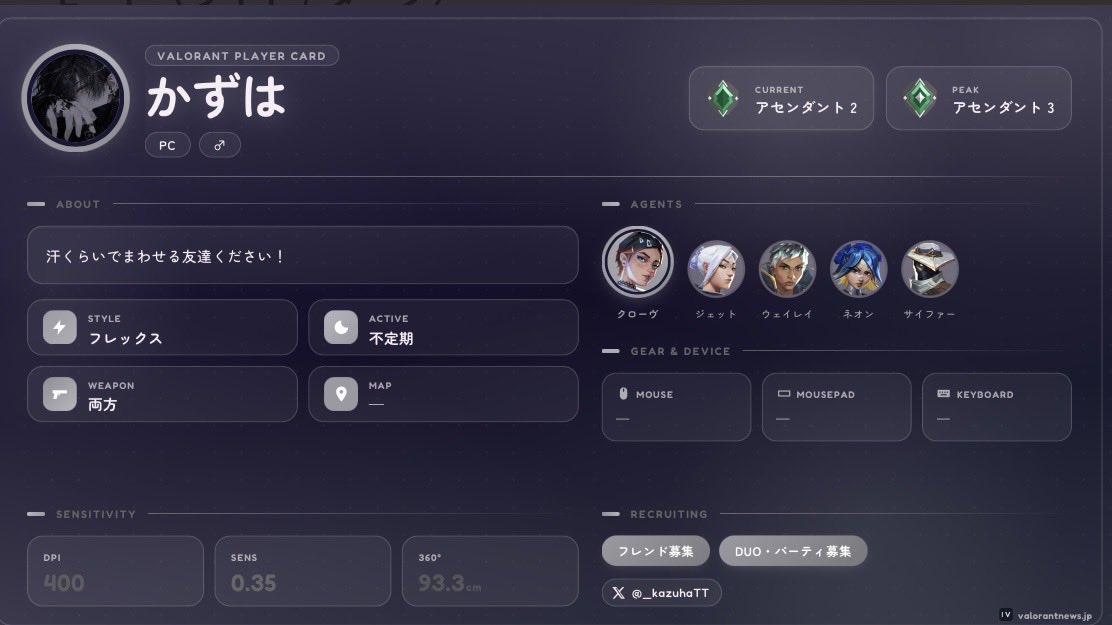 _kazuhaTT's tweet photo. 汗くらいで回せる人ほしいです！
#valorant自己紹介カード
#valorantフレンド募集
#valorant募集 https://t.co/skZC5yN5zg