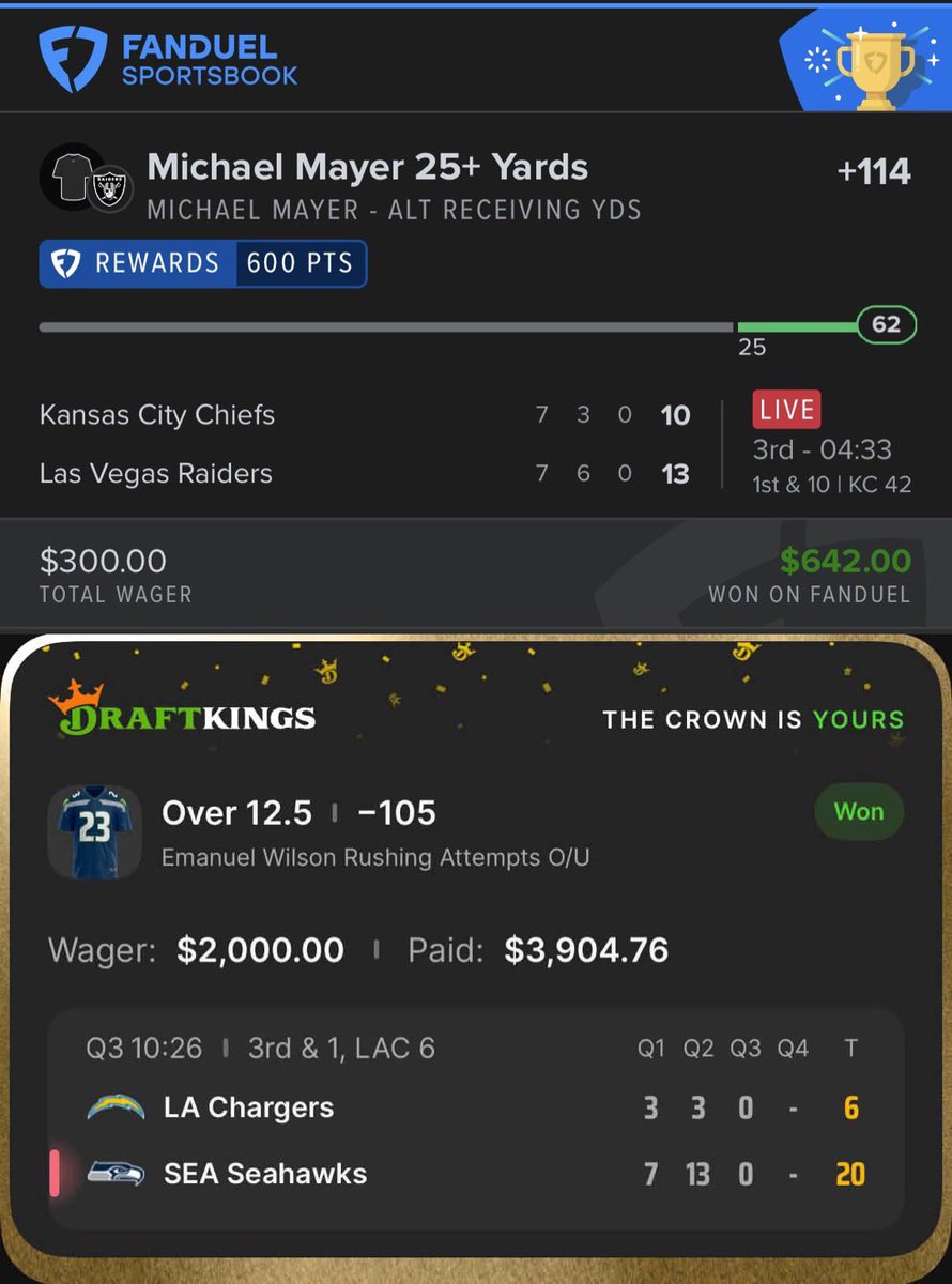 CamdenCaps's tweet photo. More

Malik 5+ recs (+152) ✅
Waddle 5+ recs (+149) ✅
Mayer 25+ yards (+114) ✅
Wilson o12.5 RA (-105) ✅ https://t.co/iBnCdomHbs