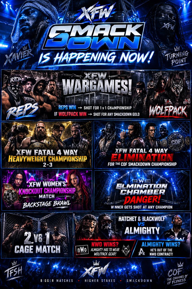 SJApollo's tweet photo. https://t.co/Jjo11Q3Ssa

🚨 XFW SMACKDOWN IS HAPPENING NOW! 🚨

The stakes are HIGH. The rivalries are PERSONAL. And tonight, ANYTHING CAN HAPPEN. ⚔️

🔥 XFW WARGAMES
REPS vs WOLFPACK
🏆 Reps win → 1-on-1 Championship Shot  
🐺 Wolfpack win → Shot at ANY SmackDown Gold https://t.co/aXmmA2We23