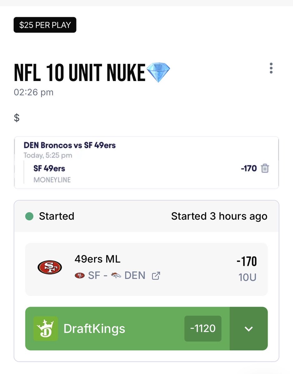 SSpicksVIP's tweet photo. EASIEST MONEY OF OUR LIFE. +9 UNITS. OUR NFL NUKES ARE OVER 85% THIS SEASON LFG. #nfl #nflsunday #49ers #broncos #tnf #snf #sundaynightfootball #cash #sportspicks #bet https://t.co/zncqbbEq3G