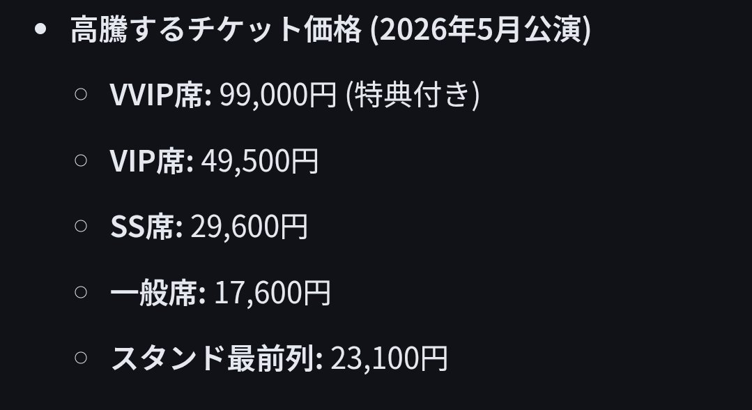 okarinco2's tweet photo. ←これ見た時こんな高騰してるんってビックリした！中止になったけど…。
→一番高い席が売れてるらしい。

気軽に行ける金額じゃなくなったね。 https://t.co/ACzjT4Y0bI