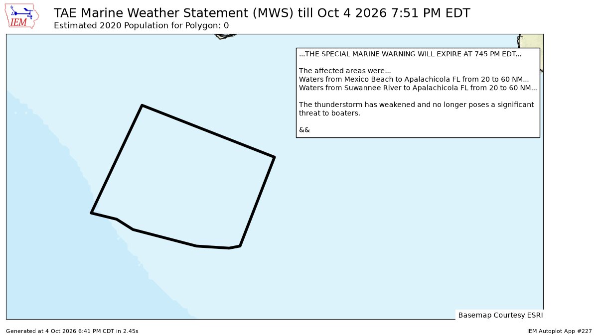 pcbwx's tweet photo. #TAE issues Marine Weather Statement (MWS) at Oct 4, 7:41 PM EDT for 2 forecast zones in [GM] ...THE SPECIAL MARINE WARNING WILL EXPIRE AT 745 PM EDT... https://t.co/zaOhUYcI3O https://t.co/WkyHQ6muRp