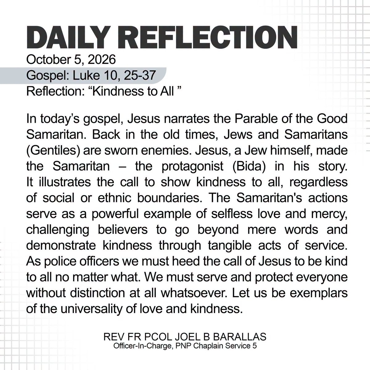 PCADGIlocosR's tweet photo. October 5, 2026
Gospel: Luke 10, 25-37
Reflection: “Kindness to All ” https://t.co/HIWaKv6YiN