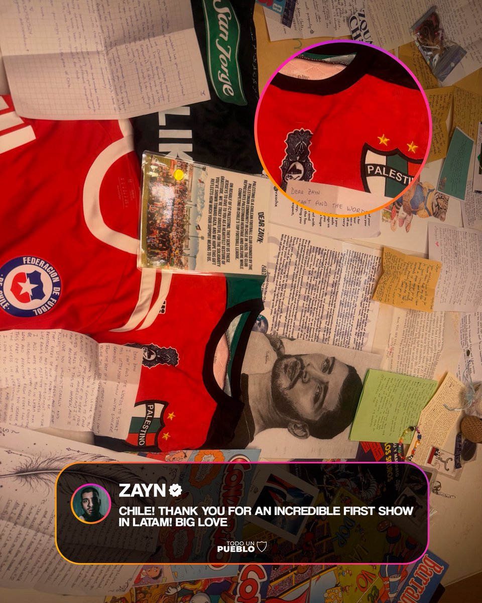 CDPalestinoSADP's tweet photo. ZAYN MALIK YA TIENE LA SUYA ❤️💚

Tras su visita a Chile, el reconocido cantante de origen árabe y ex integrante de One Direction recibió nuestras camisetas, en agradecimiento por su apoyo a #TodoUnPueblo 🇵🇸 https://t.co/ISCEotoS0I