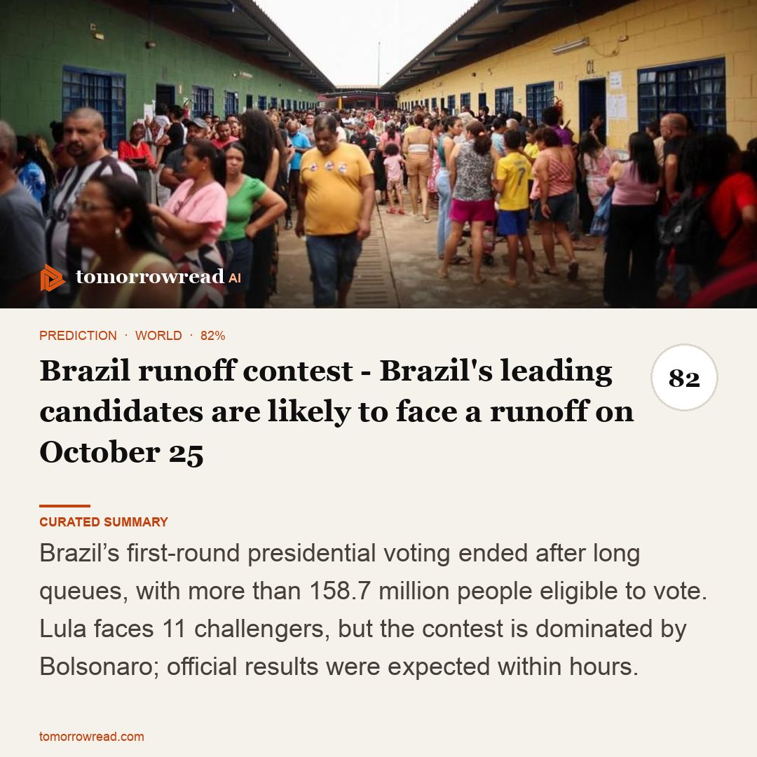 tomorrowread's tweet photo. Brazil’s tight first-round vote points toward a possible runoff. Saudi-Houthi strikes escalate; Germany announces €1.3bn+ in Ukraine aid as Russia threatens strikes.

https://t.co/ixzxh9KHch

#TomorrowRead #AI #WorldNews #Foresight #News https://t.co/IraaNHJDX8